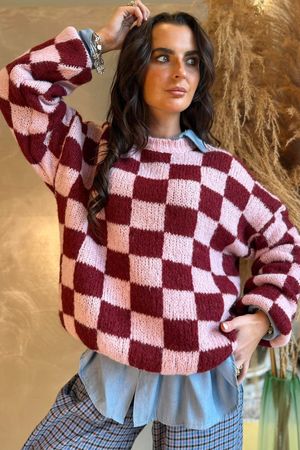 Big Softie Checkerboard Knit Burgundy & Pink